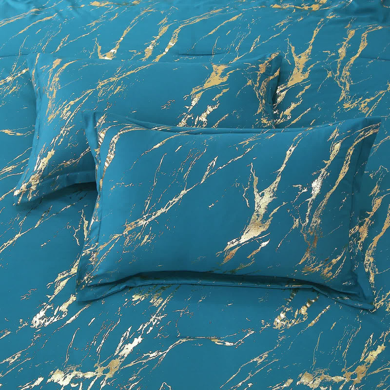 Cozy Cloud 3 Teal ‑Piece Comforter Bundle – Instagram‑Ready Bedroom with teal bedding and gold marbled accents