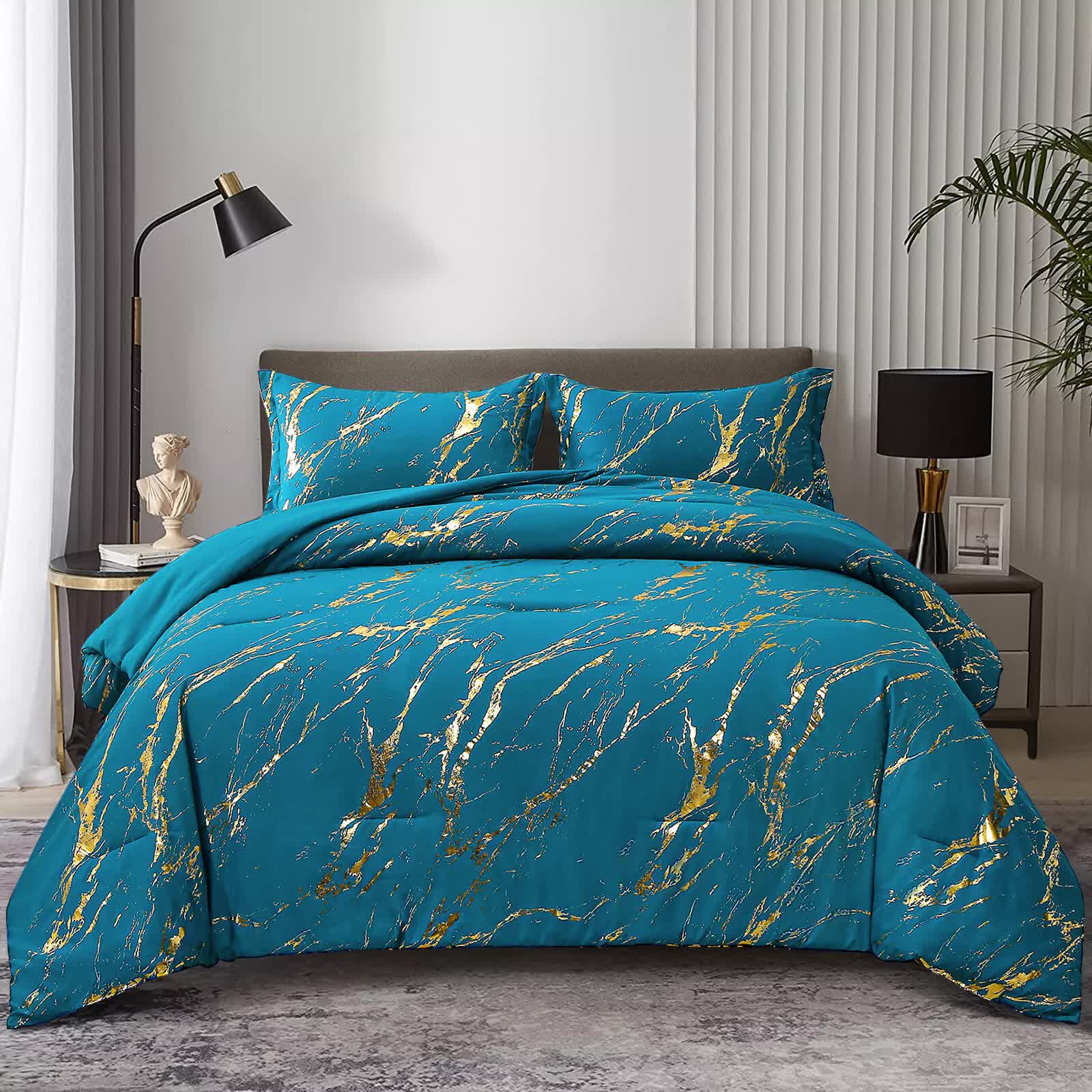 Cozy Cloud 3 Teal ‑Piece Comforter Bundle – Instagram‑Ready Bedroom with teal comforter featuring gold marbled accents on bedzy bed setup