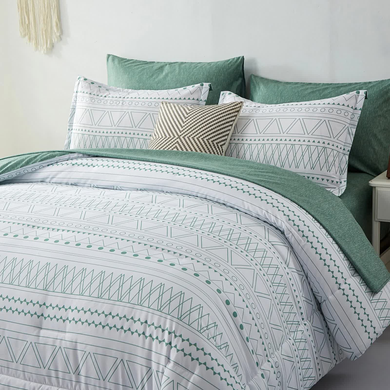 Boho Vibes Bedding Set – 3‑Piece Comforter & Pillow Covers with geometric print and green accent pillows in bedroom setting