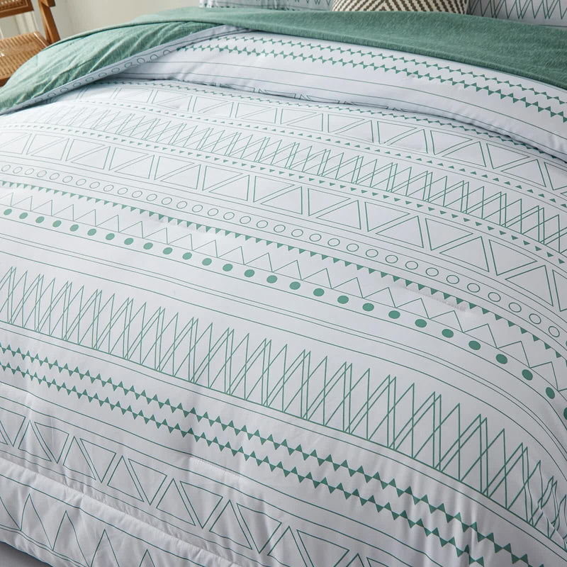 Boho Vibes Bedding Set – 3‑Piece Comforter & Pillow Covers with green geometric pattern on white fabric in bedroom setting