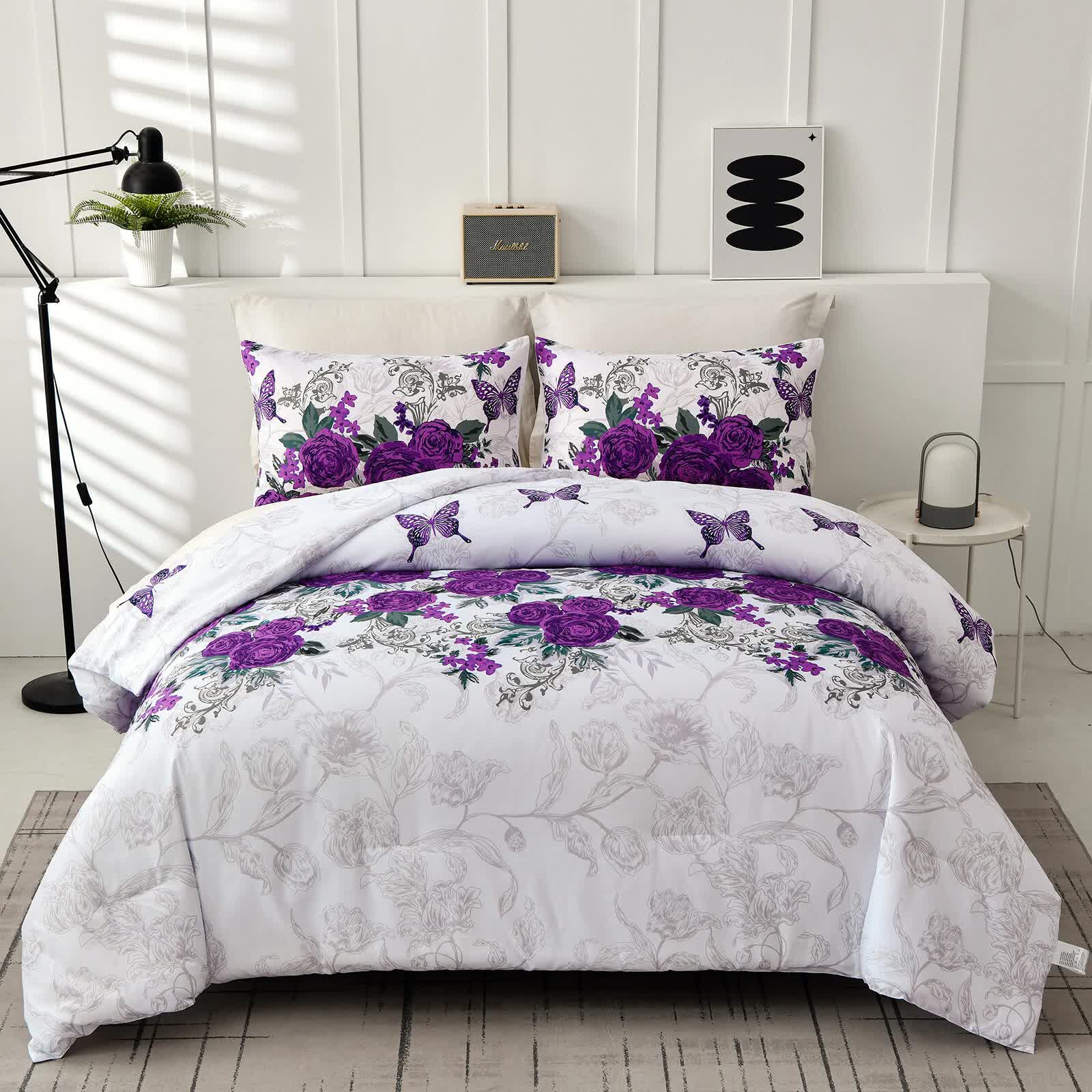 Luxe Loft Purple rose Quilted Comforter & Shams – Trending 3‑Piece Set with floral and butterfly design on white bedzy bedding