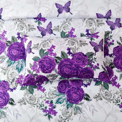 Luxe Loft Purple rose Quilted Comforter & Shams – Trending 3‑Piece Set with floral and butterfly pattern on crisp white background