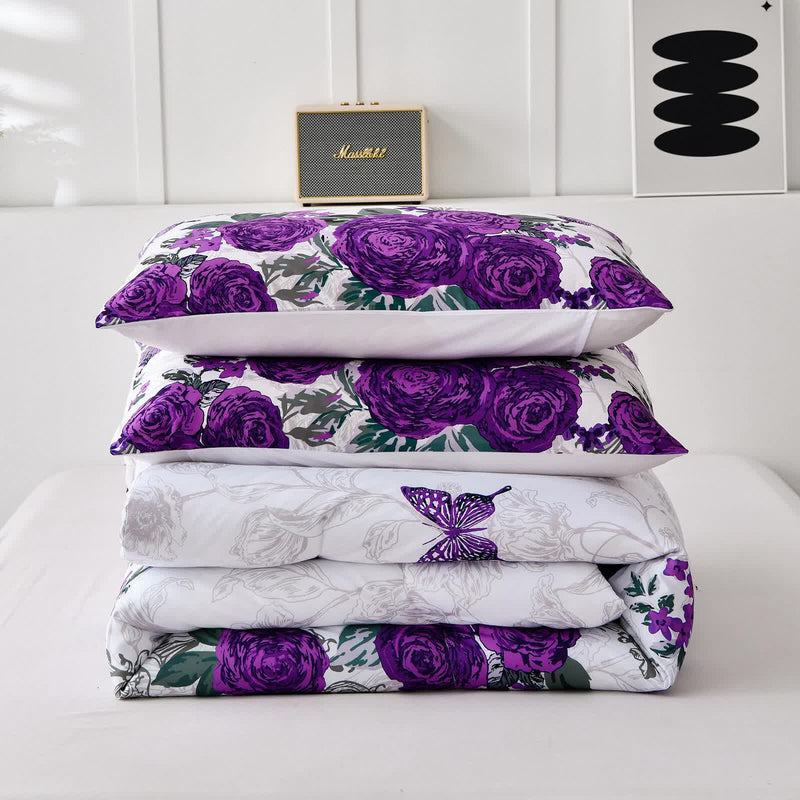 Stacked Luxe Loft Purple rose Quilted Comforter & Shams – Trending 3‑Piece Set with floral and butterfly designs on white background