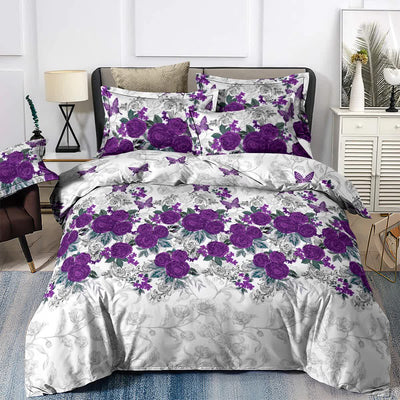 Luxe Loft Purple rose Quilted Comforter & Shams – Trending 3‑Piece Set on bed with floral purple rose design in modern bedroom setting