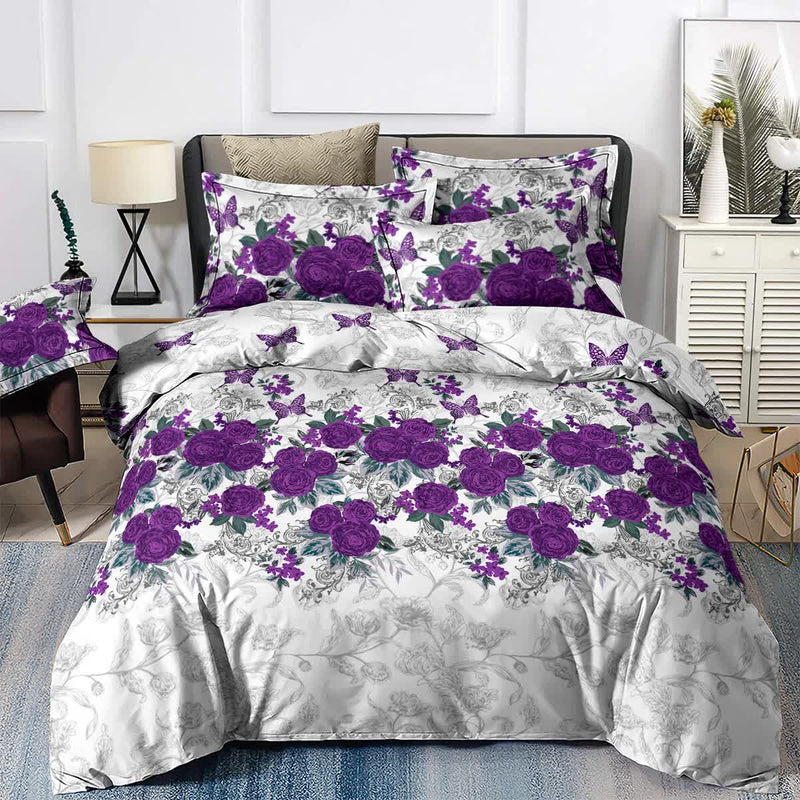 Luxe Loft Purple rose Quilted Comforter & Shams – Trending 3‑Piece Set on bed with floral purple rose design in modern bedroom setting