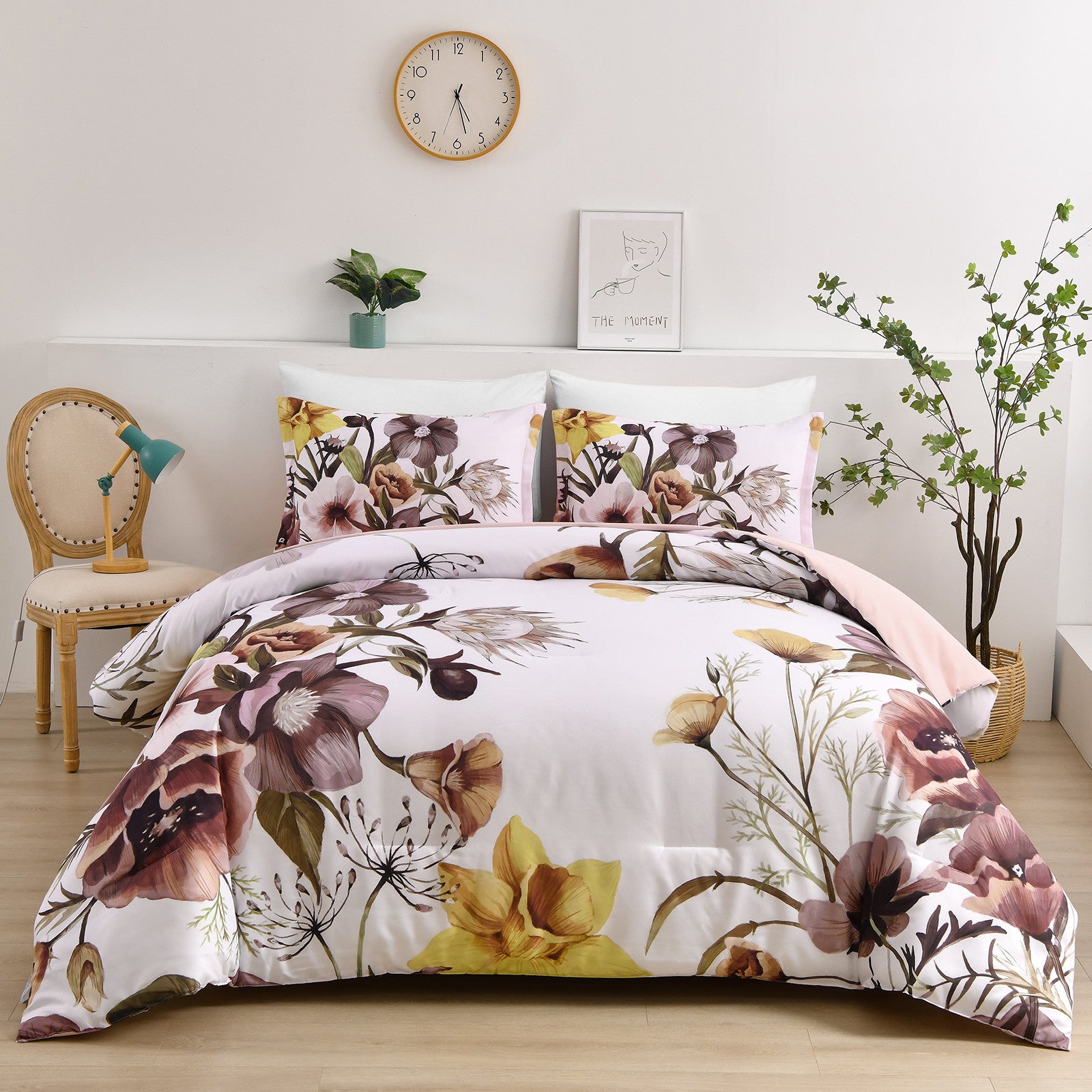 Floral Comforter Set, King Size, Blush Floral 3-Piece Bedding, Soft Microfiber for All Seasons displayed on bed with floral design pillows and bright room decor