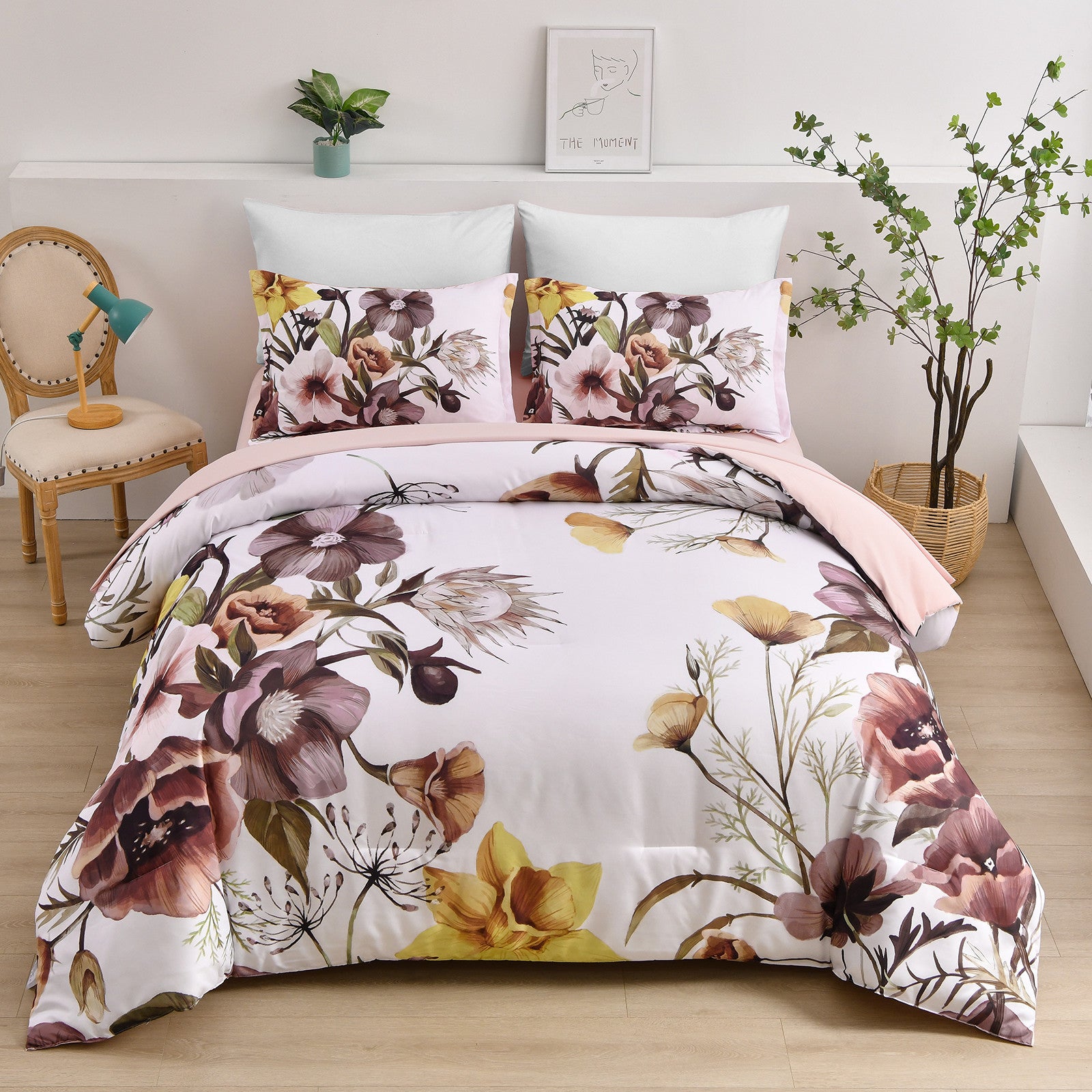 Floral Comforter Set, King Size, Blush Floral 3-Piece Bedding, Soft Microfiber with large floral print on bed in modern bedroom setting