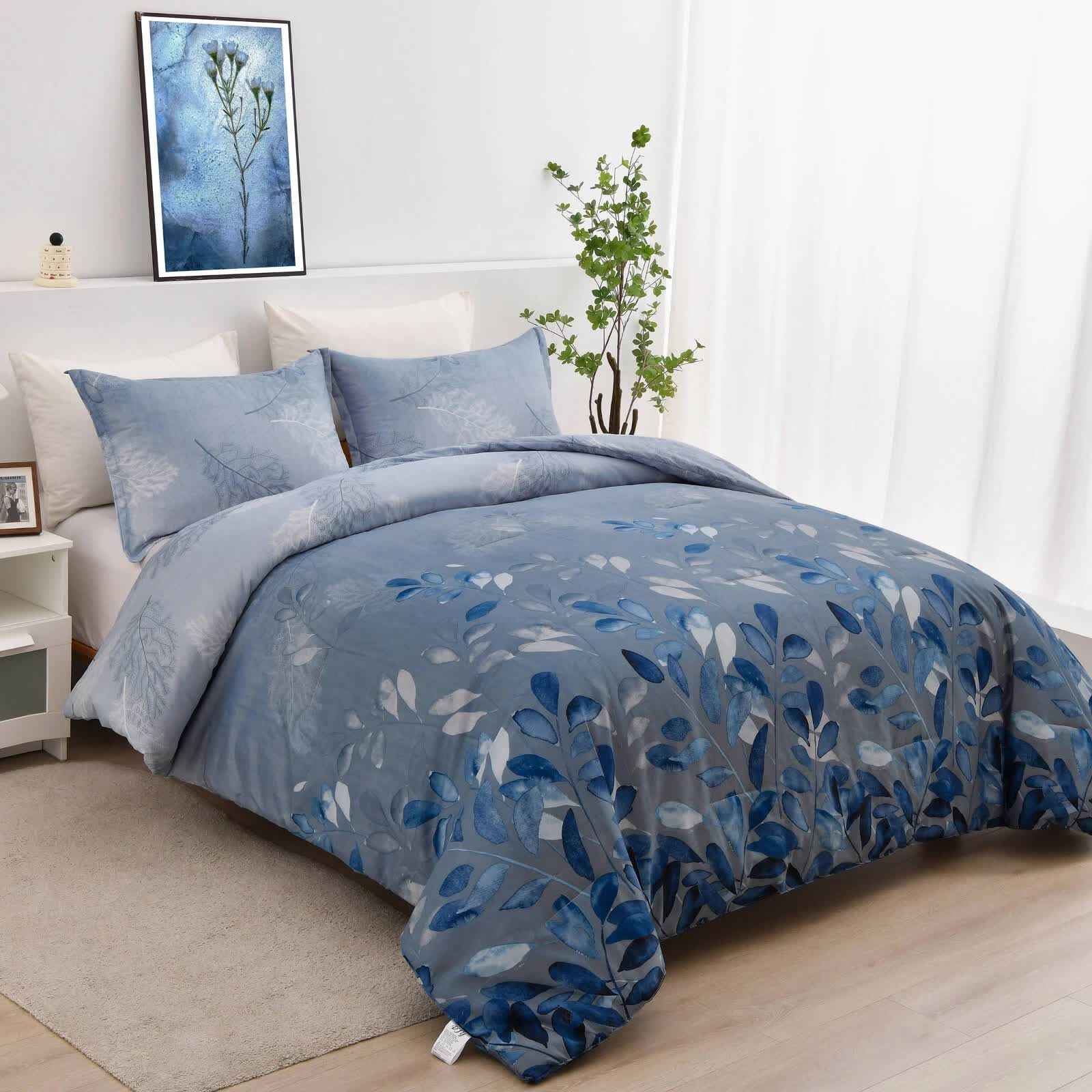 GlowUp Bedroom Comforter – 3‑Piece Insta‑Aesthetic Set in blue with leaf pattern on queen bed in modern bedroom setting