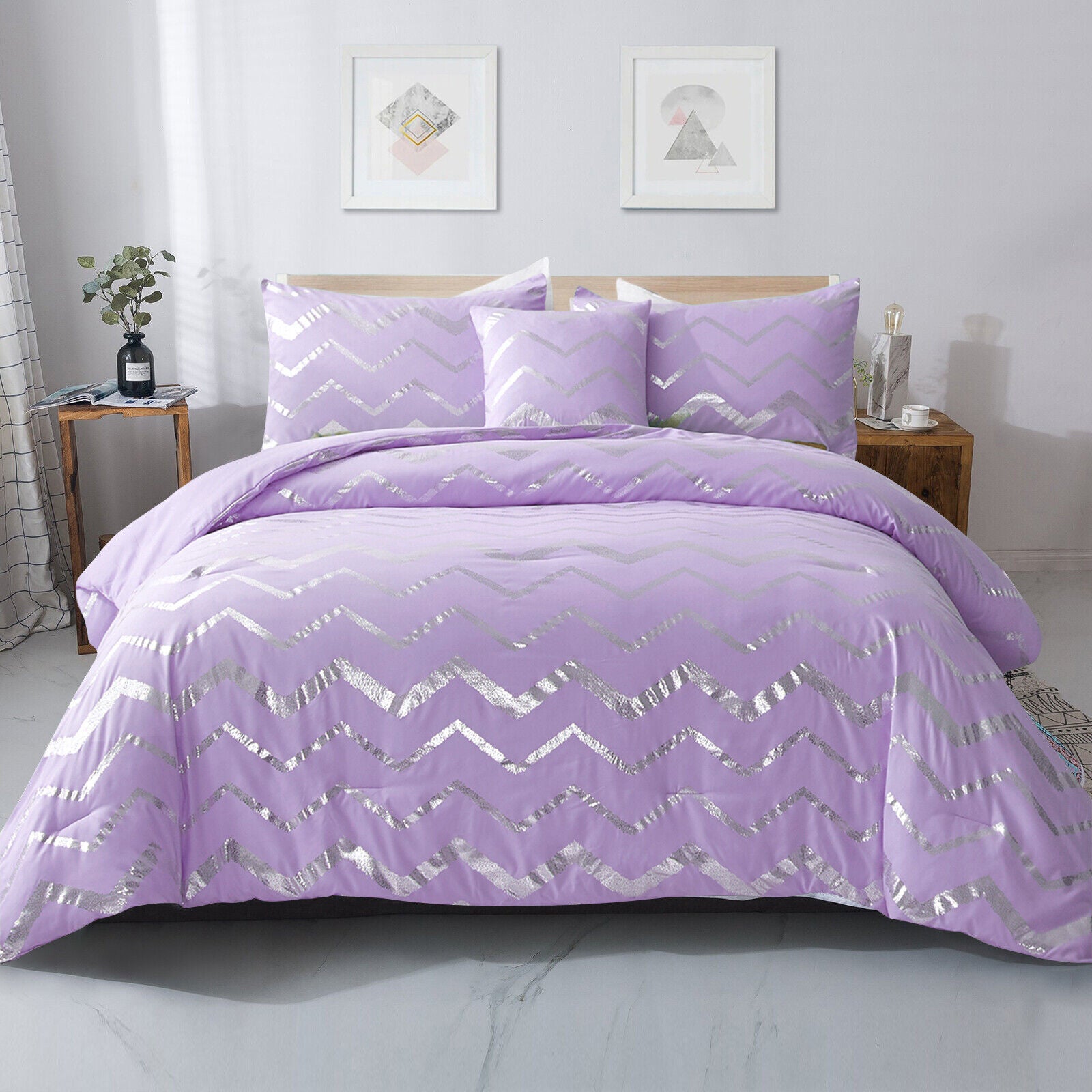 Soft Purple Comforter Set, King Size, Cozy 3-Piece Bedding with Pillowcases featuring silver zigzag pattern on bed in modern bedroom