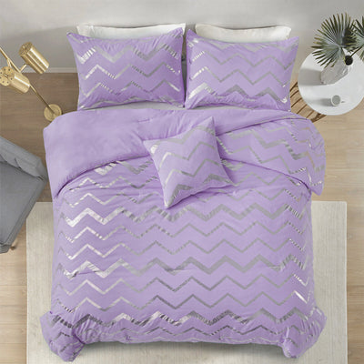 Soft Purple Comforter Set, King Size, Cozy 3-Piece Bedding with Pillowcases featuring a metallic chevron pattern on a bedzy bed setup
