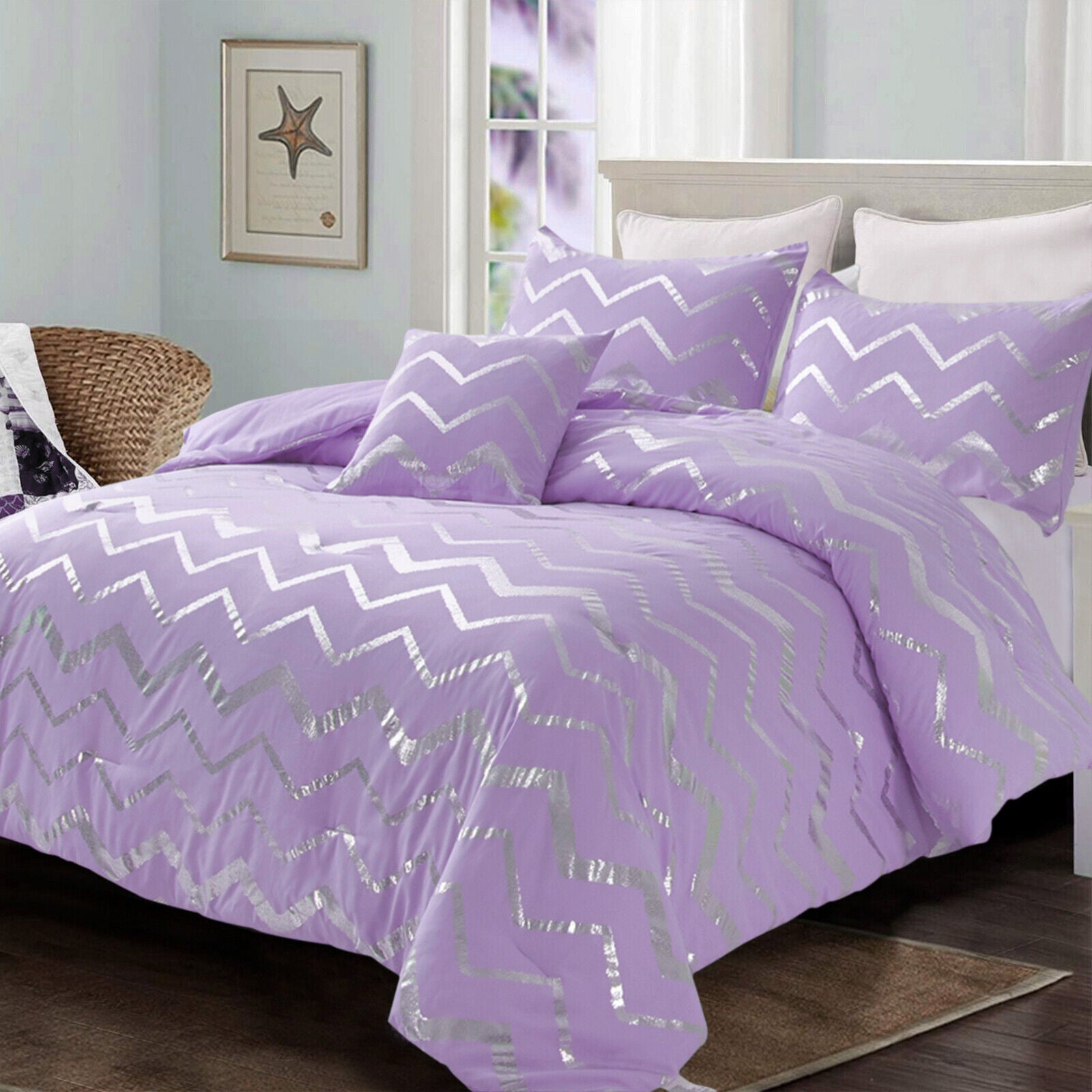 Soft Purple Comforter Set, King Size, Cozy 3-Piece Bedding with Pillowcases featuring silver zigzag pattern on bedzy bed