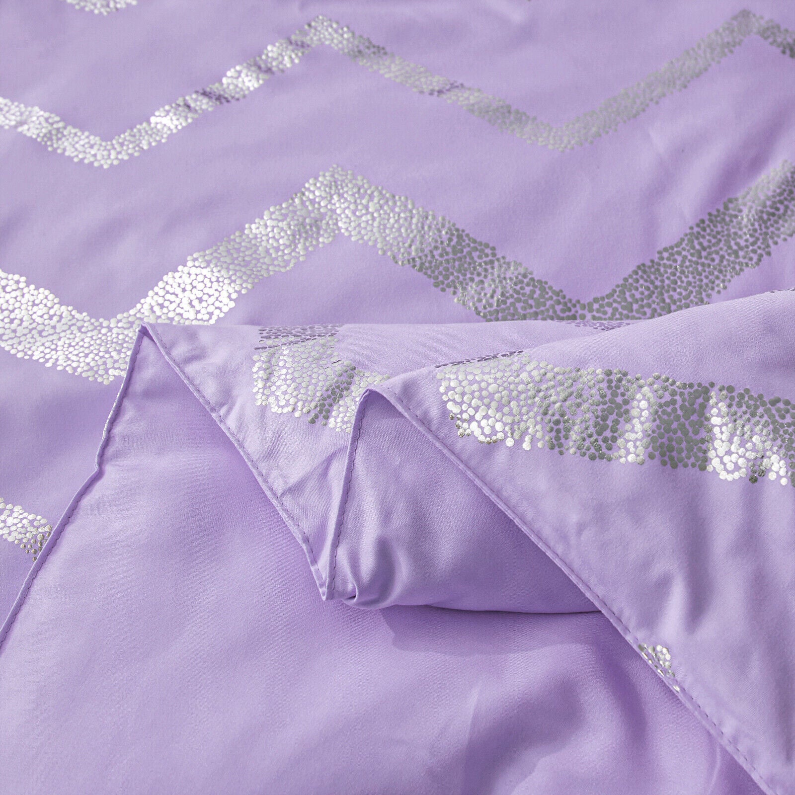Close-up of soft purple fabric with metallic silver chevron pattern from Soft Purple Comforter Set, King Size, Cozy 3-Piece Bedding with Pillowcases
