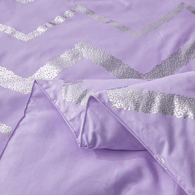 Close-up of soft purple fabric with metallic silver chevron pattern from Soft Purple Comforter Set, King Size, Cozy 3-Piece Bedding with Pillowcases