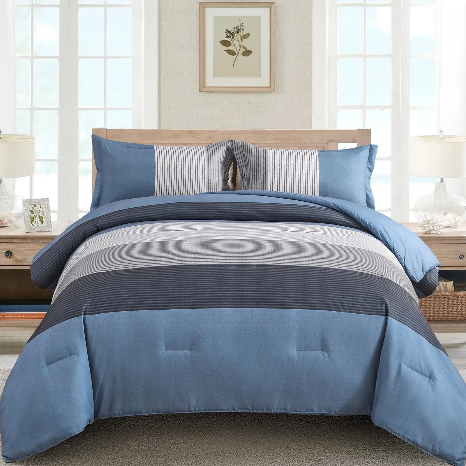 Coastal Drift striped Comforter Bundle – Breezy 3‑Piece Bedding in blue and gray stripes on bed with bedside tables