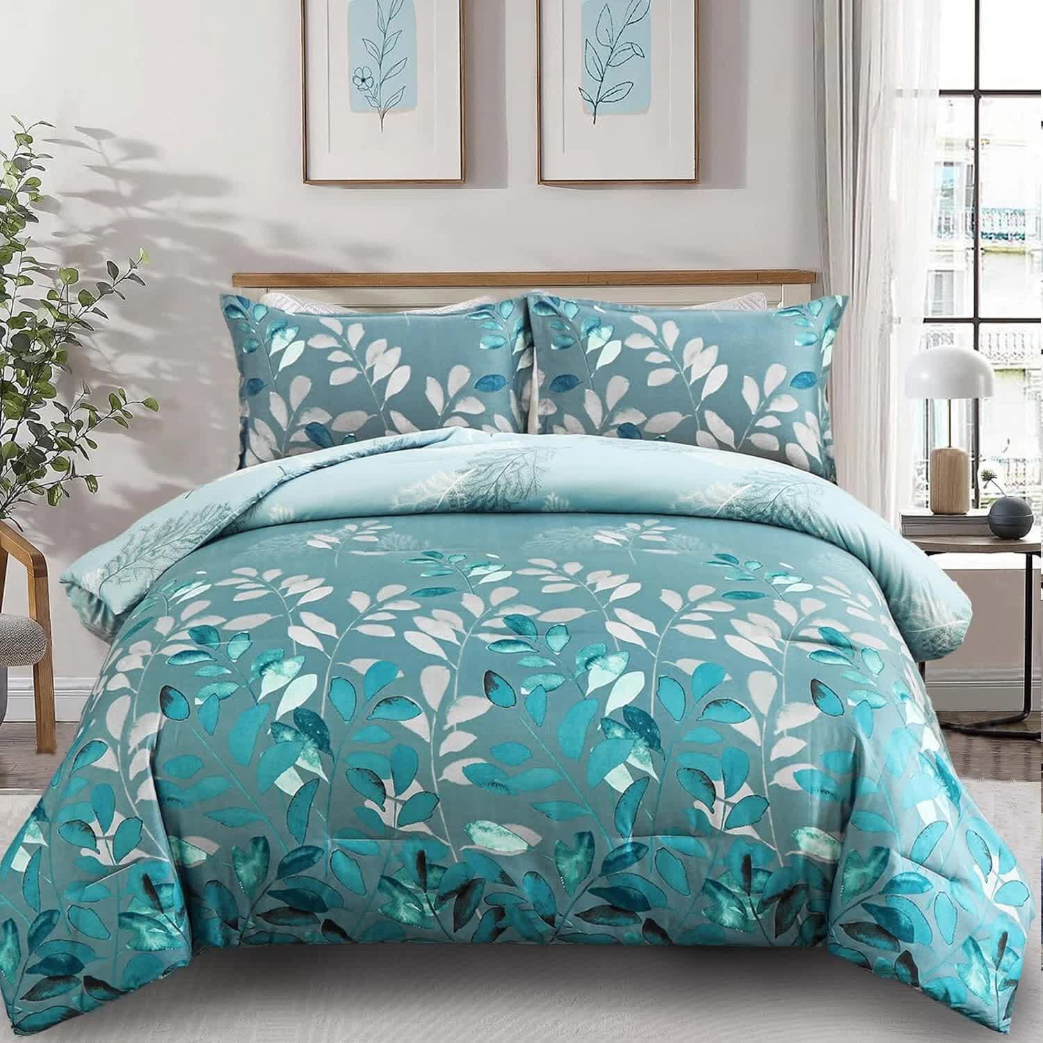 GlowUp Bedroom Teal Comforter – 3‑Piece Insta‑Aesthetic Set with botanical print on bed in bright bedroom setting