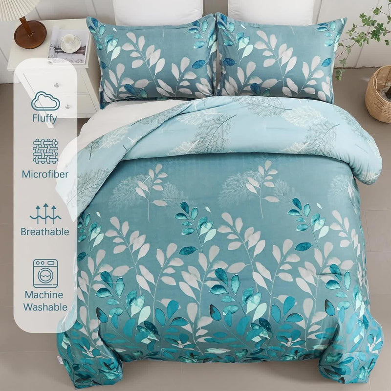GlowUp Bedroom Teal Comforter – 3‑Piece Insta‑Aesthetic Set with floral microfiber design on bed with white pillows