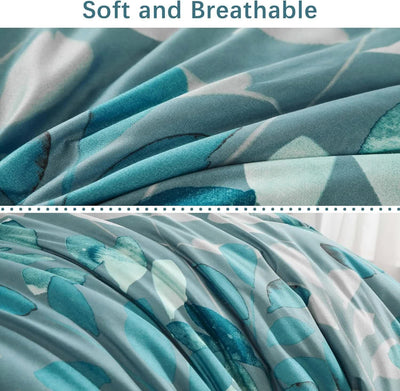 Close-up view of soft, breathable fabric on GlowUp Bedroom Teal Comforter – 3‑Piece Insta‑Aesthetic Set with leaf pattern