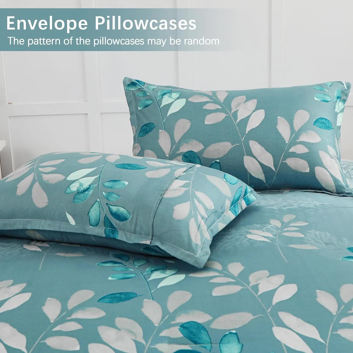 GlowUp Bedroom Teal Comforter – 3‑Piece Insta‑Aesthetic Set with teal leaf pattern envelope pillowcases on bed