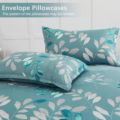 GlowUp Bedroom Teal Comforter – 3‑Piece Insta‑Aesthetic Set with teal leaf pattern envelope pillowcases on bed