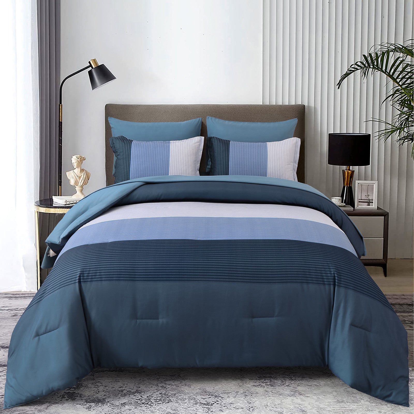Navy Blue Comforter Set, King Size, Striped 3-Piece Bedding Collection on bed with decorative pillows in modern bedroom setting