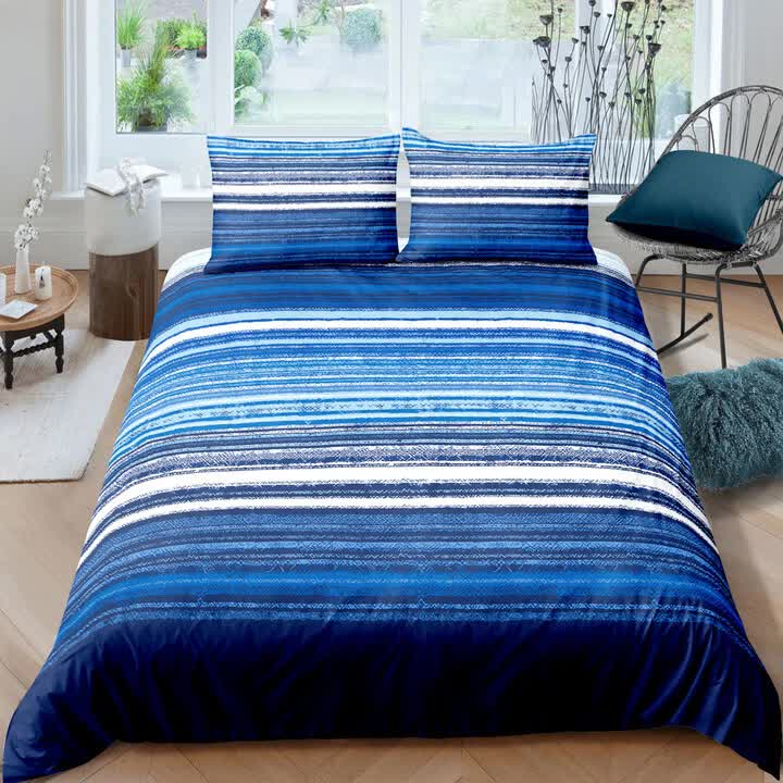 Nordic Calm stripes Blue 3‑Piece Comforter Set – Scandi Chic Vibes with blue and white striped bedding in bright bedroom setting
