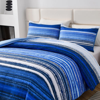 Nordic Calm stripes Blue 3‑Piece Comforter Set – Scandi Chic Vibes with blue striped bedding on white bed in modern bedroom