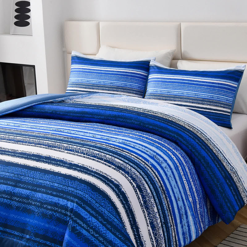 Nordic Calm stripes Blue 3‑Piece Comforter Set – Scandi Chic Vibes with blue striped bedding on white bed in modern bedroom