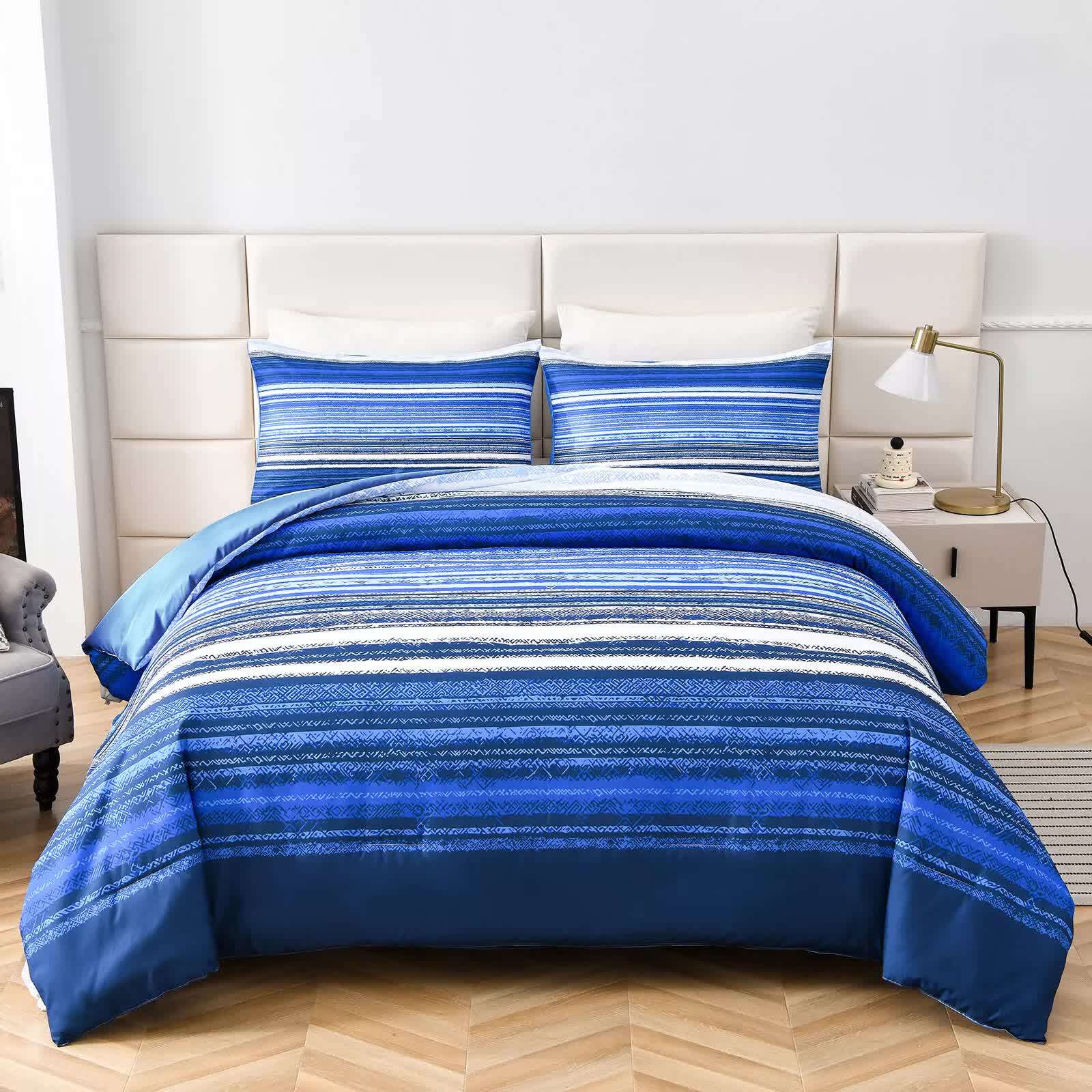 Nordic Calm stripes Blue 3‑Piece Comforter Set – Scandi Chic Vibes on bed with white headboard and minimalist bedroom decor