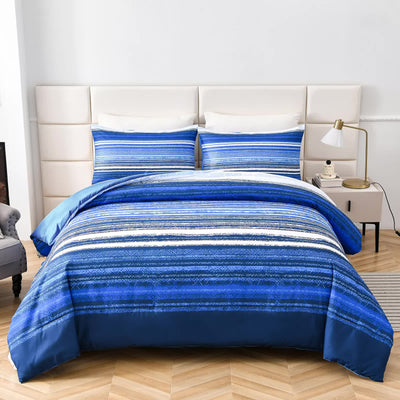Nordic Calm stripes Blue 3‑Piece Comforter Set – Scandi Chic Vibes on bed with white headboard and minimalist bedroom decor