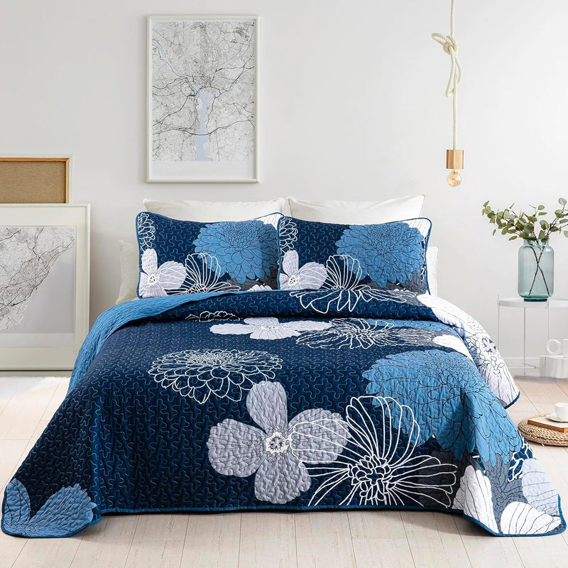 Frosted Magnolia Chic blue 3 Pc Comforter & Pillow Cover Set KING with floral pattern on cozy bed in modern bedroom setting