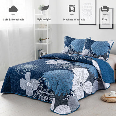 Frosted Magnolia Chic blue 3 Pc Comforter & Pillow Cover Set KING on bed in bright bedroom with floral pattern