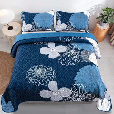 Frosted Magnolia Chic blue 3 Pc Comforter & Pillow Cover Set KING with floral design on blue bedding by Bedzy in bedroom setting