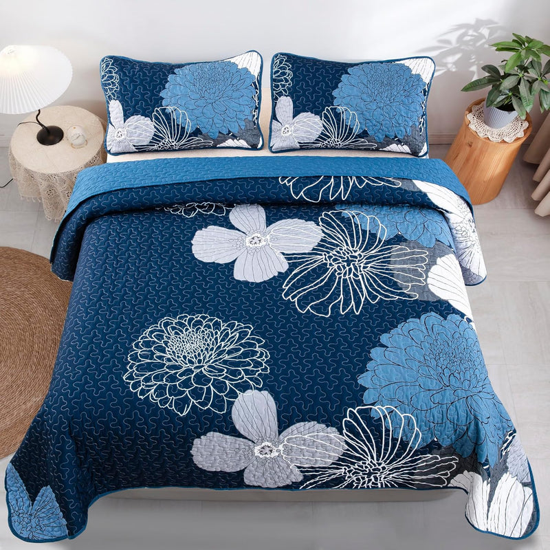 Frosted Magnolia Chic blue 3 Pc Comforter & Pillow Cover Set KING with floral design on blue bedding by Bedzy in bedroom setting