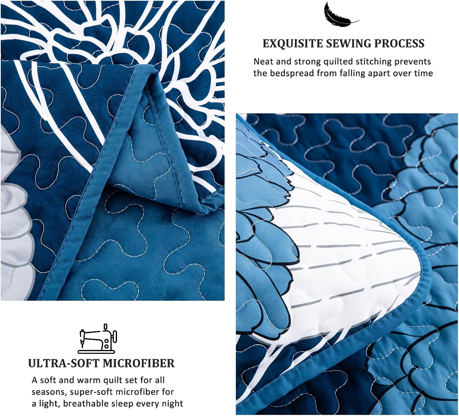 Close-up of Frosted Magnolia Chic blue 3 Pc Comforter & Pillow Cover Set KING showing quilting and microfiber fabric details