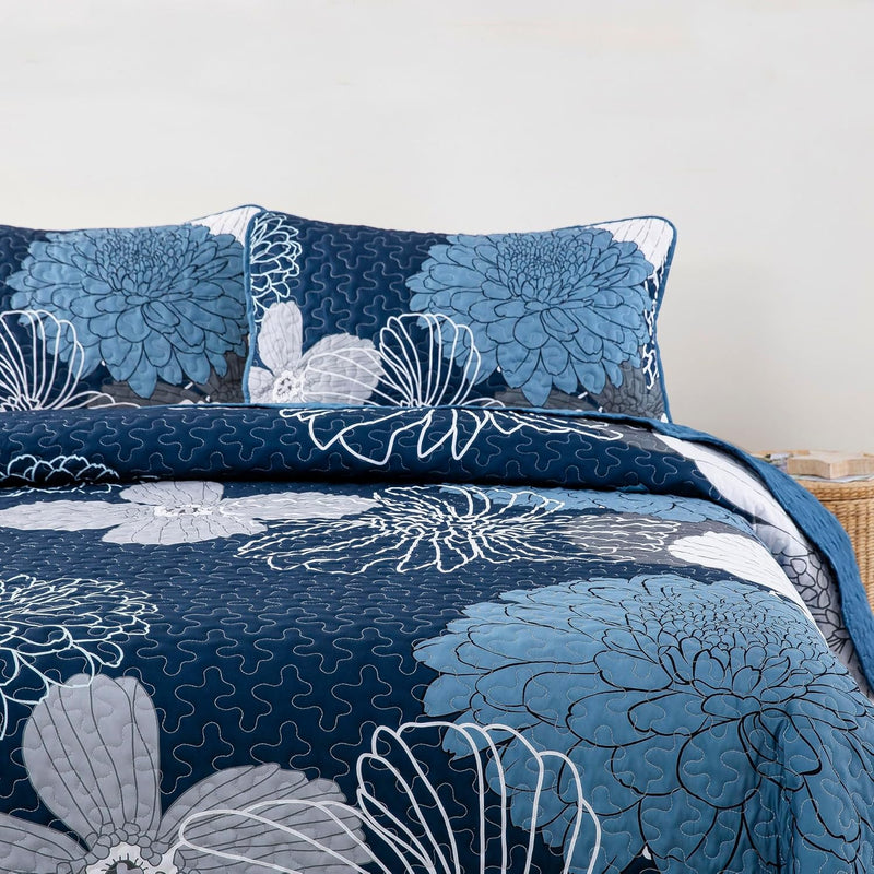 Frosted Magnolia Chic blue 3 Pc Comforter & Pillow Cover Set KING with floral pattern on blue bedding for bedroom furniture