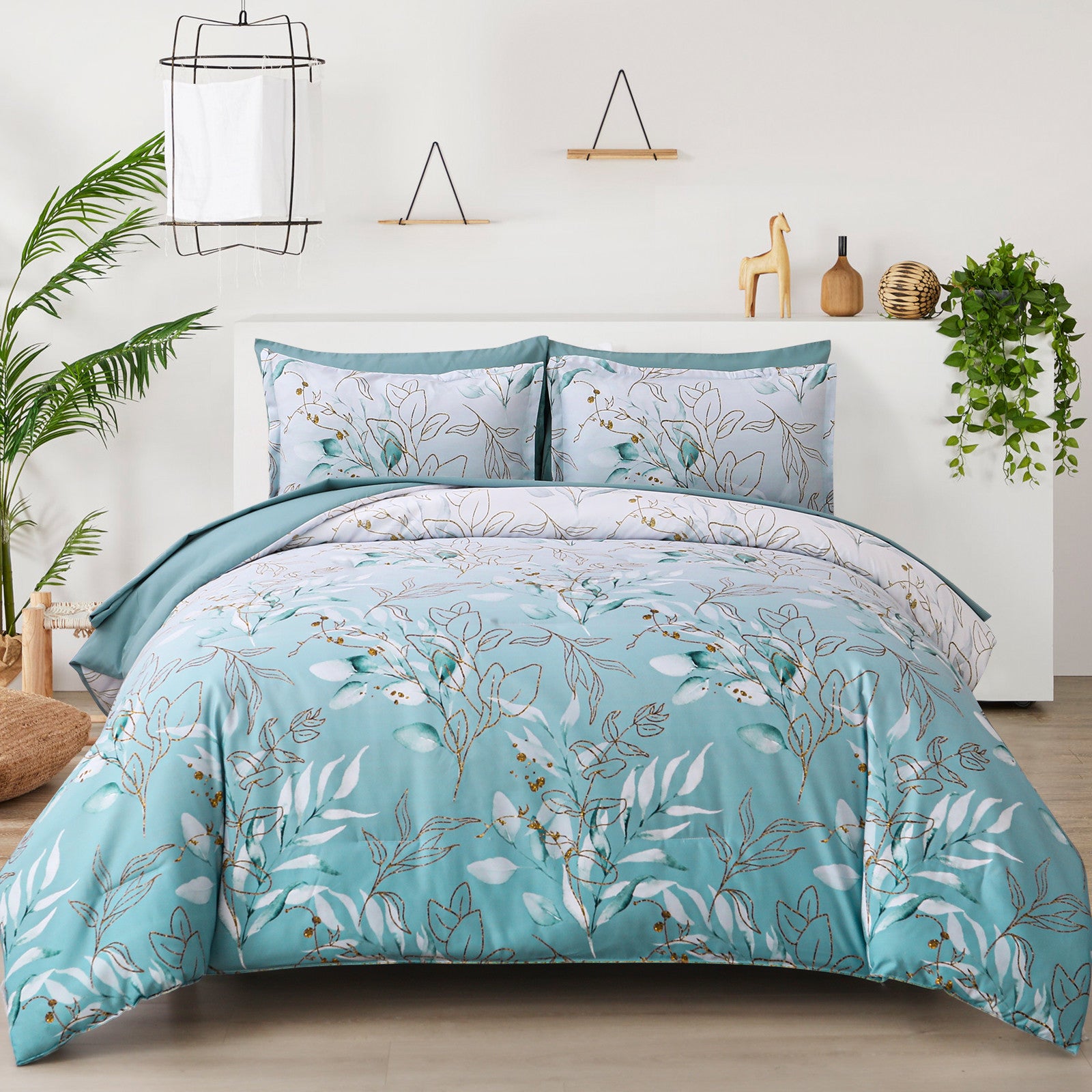 Soft Floral Leaf Comforter Set, King Size, Quilted Cozy Bedding with Pillowcases in light blue with floral design on bed in bedroom