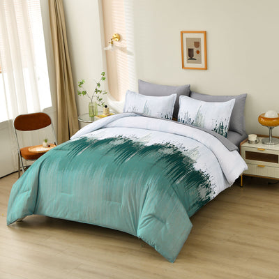 Floral Stripes Comforter Set, King Size, Plush 3-Piece Bedding with Pillowcases in green and white on a bed in modern bedroom setting