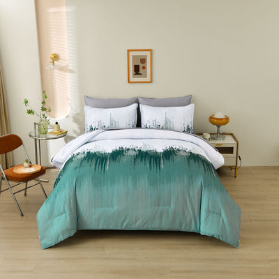 Floral Stripes Comforter Set, King Size, Plush 3-Piece Bedding with Pillowcases in teal and white on a bed in modern bedroom setting
