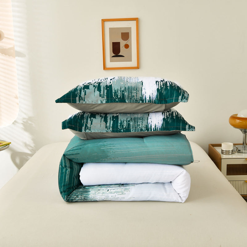 Floral Stripes Comforter Set, King Size, Plush 3-Piece Bedding with Pillowcases folded neatly on a bed in bedroom setting