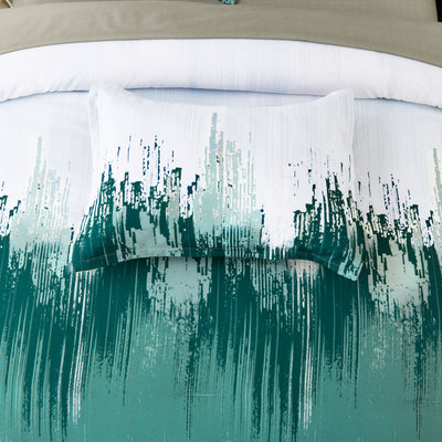 Floral Stripes Comforter Set, King Size, Plush 3-Piece Bedding with Pillowcases featuring green and white abstract stripe design on bedzy bed.