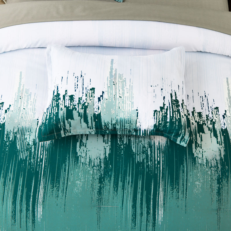 Floral Stripes Comforter Set, King Size, Plush 3-Piece Bedding with Pillowcases featuring green and white abstract stripe design on bedzy bed.
