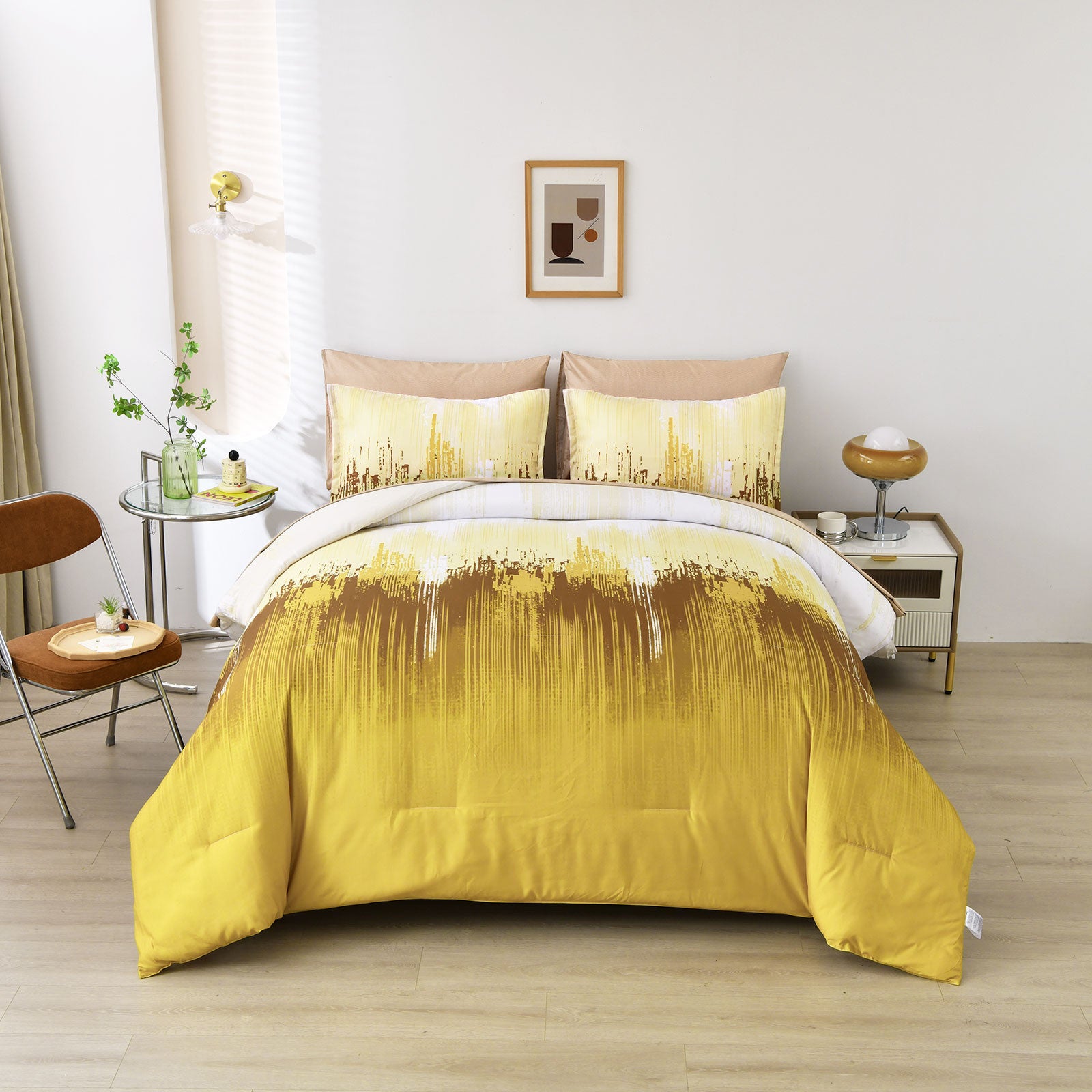 Floral Stripes Comforter Set, King Size, Cozy 3-Piece Bedding with Pillowcases in yellow and white on a neatly made bed in a modern bedroom.