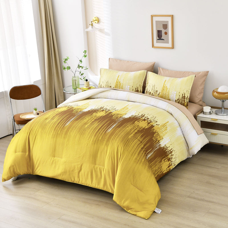 Floral Stripes Comforter Set, King Size, Cozy 3-Piece Bedding with Pillowcases in yellow and brown on bed in modern bedroom