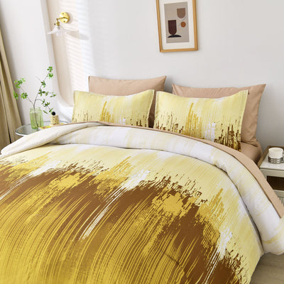 Floral Stripes Comforter Set, King Size, Cozy 3-Piece Bedding with Pillowcases in yellow and brown brushstroke design on bedzy bed