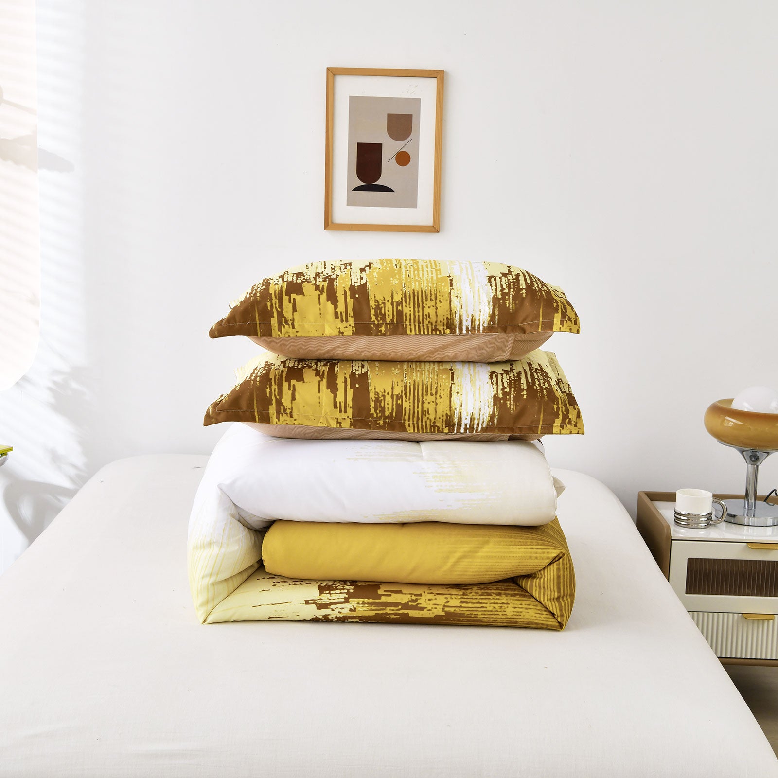 Floral Stripes Comforter Set, King Size, Cozy 3-Piece Bedding with Pillowcases in yellow and brown tones on bed with bedside table