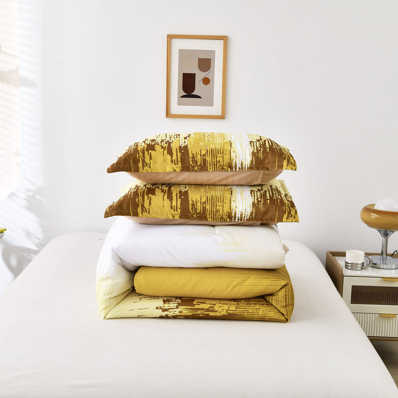 Floral Stripes Comforter Set, King Size, Cozy 3-Piece Bedding with Pillowcases in yellow and brown tones on bed with bedside table