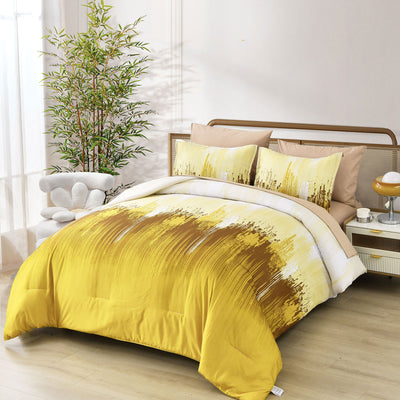 Floral Stripes Comforter Set, King Size, Cozy 3-Piece Bedding with Pillowcases in yellow and brown tones in a bright bedroom setting