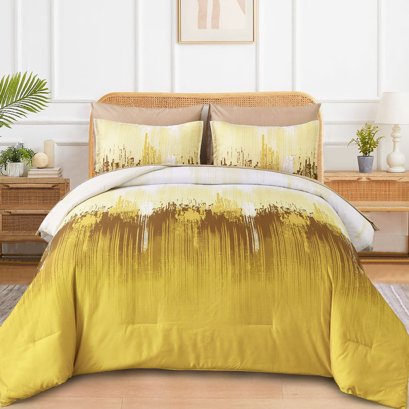 Floral Stripes Comforter Set, King Size, Cozy 3-Piece Bedding with Pillowcases in yellow and beige on a styled bed with wicker headboard