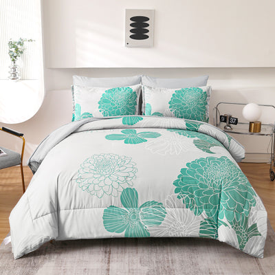 Floral Winter Comforter Set, King Size, Ultra-Soft Quilted Bedding with Pillowcases in green and gray on bed in modern bedroom