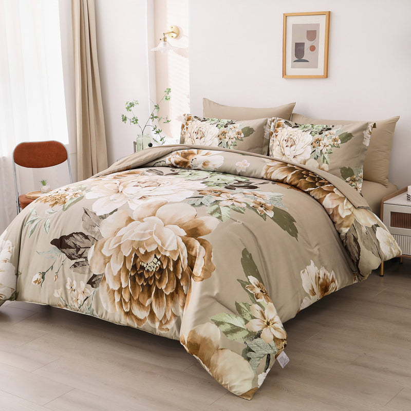 Cozy Floral Comforter Set, King Size, Quilted Warm Bedding with Pillowcases in beige with large floral print in a modern bedroom setting